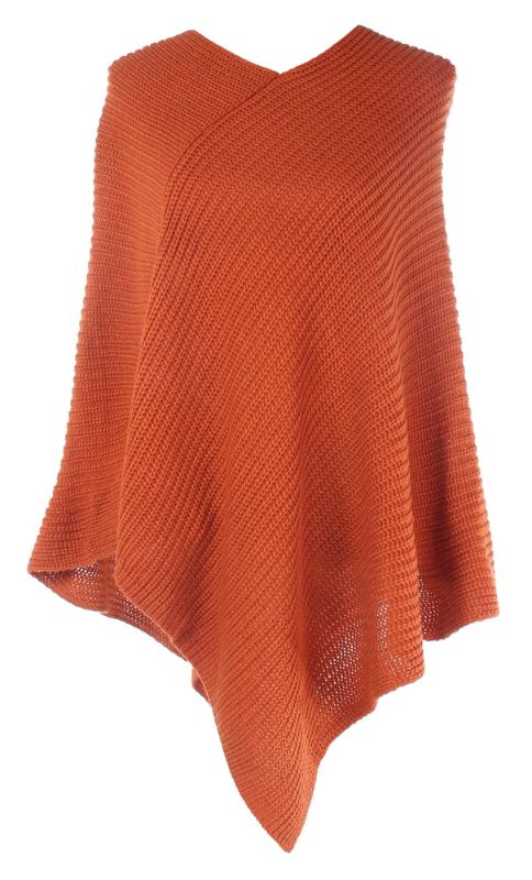 Cozy rust-colored knit poncho with an elegant 85cm drop, perfect for stylish autumn and winter layering.