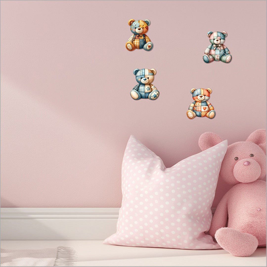 Colorful pop-out patchwork teddy bear wall art, crafted from 3mm thick board, perfect for whimsical home decor.