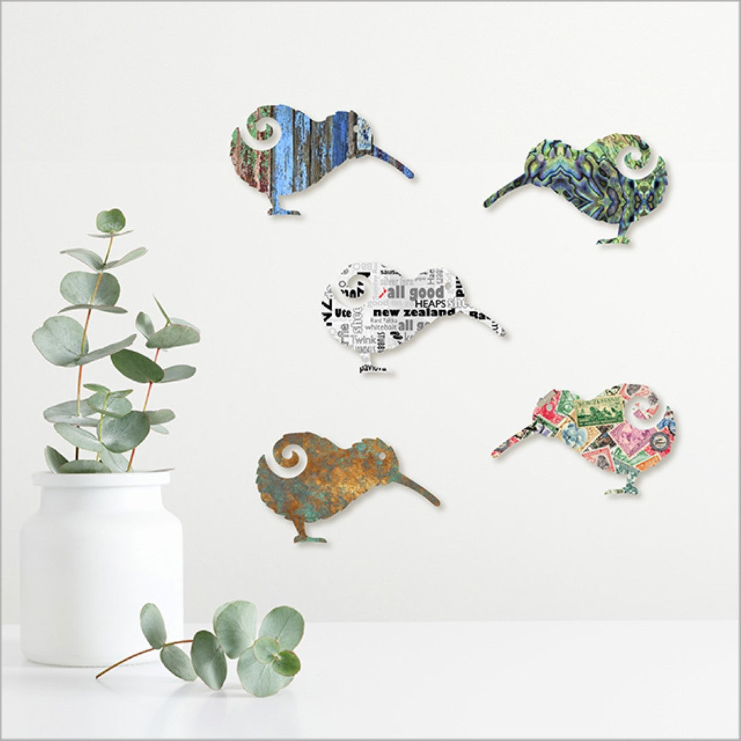 Stylish wall art set featuring a Kiwi and Koru design, crafted in New Zealand from textured laser-cut board.