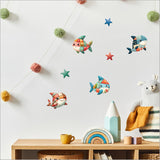 Colorful pop out patchwork sharks wall art made from textured board, ideal for playful home decor and ocean enthusiasts.