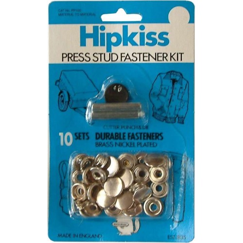 Press Stud Kits Materialtomaterial Pp100 includes 10 brass nickel plated fasteners, cutter, punch, and die for versatile fastening.