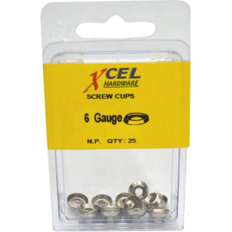 Nickel-plated DIY screw cups for secure surface mounting of 6 gauge screws, ideal for woodworking and cabinetry projects.