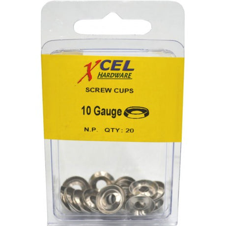 Premium DIY Screw Cups - C.P. 10 Gauge (20) for secure screw mounting with corrosion-resistant nickel plating.