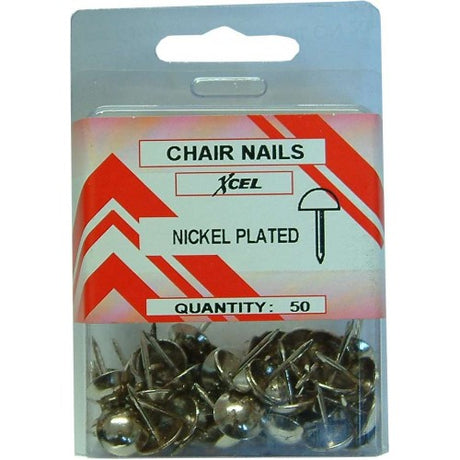 Nickel-plated DIY chair nails with domed heads, perfect for upholstery and crafting projects, sold in a pack of 50.