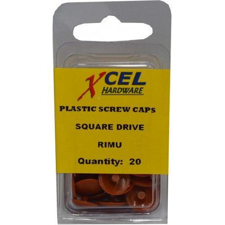 Plastic square drive screw caps in Rimu finish, 12.5mm wide, ideal for protecting and concealing screws in DIY projects.