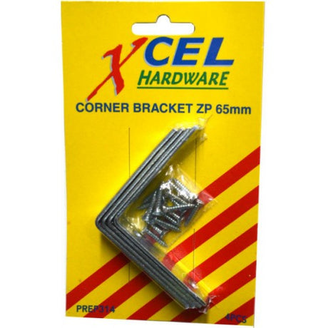 Zinc-plated steel corner brackets (65mm x 16mm) with screws, designed for easy installation and strong support in DIY projects.