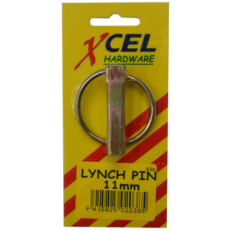 Durable 11mm Lynch Pin with spring-loaded design, zinc plated for corrosion resistance, ideal for securing equipment outdoors.