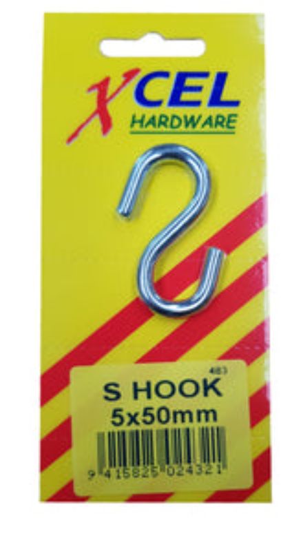 Durable zinc-plated steel S-hook, 5mm thick and 50mm long, ideal for versatile hanging and joining applications.