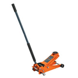 Hydraulic trolley jack lifting up to 3 tons, with double pump, swivel wheels, and low profile for easy vehicle access.