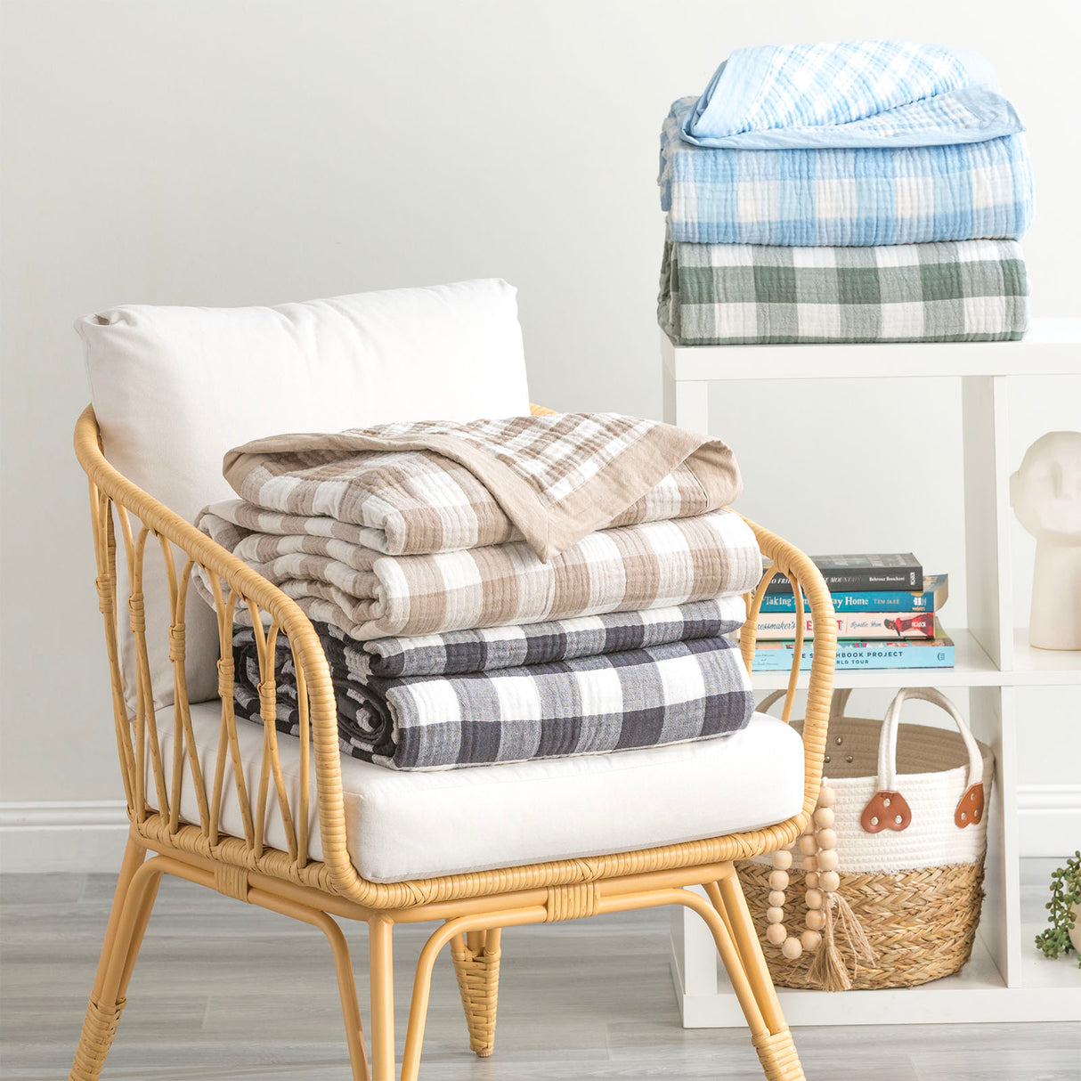 Gingham Washed Cotton Yarn Dyed Revesible Textured Blanket Queen/King Tan