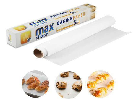 Max Choice Baking Paper, 30cm x 5m rolls, non-stick, heat-resistant, eco-friendly, perfect for easy baking and clean-up.