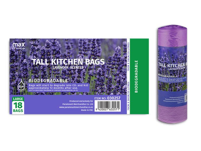 Biodegradable scented kitchen tidy bags, 35L, 24 packs, odor-controlling, eco-friendly, designed for efficient waste management.