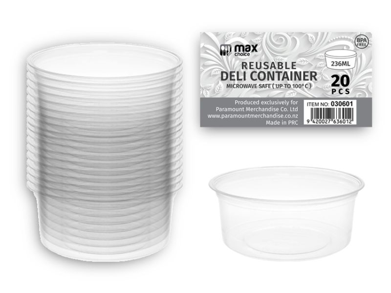 Reusable 236ml deli food containers in a 24-pack, eco-friendly, stackable, microwaveable, and dishwasher safe.