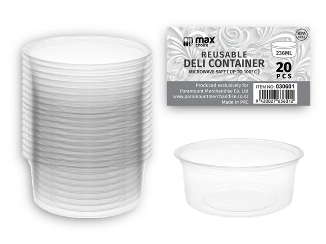 Reusable 236ml deli food containers in a 24-pack, eco-friendly, stackable, microwaveable, and dishwasher safe.