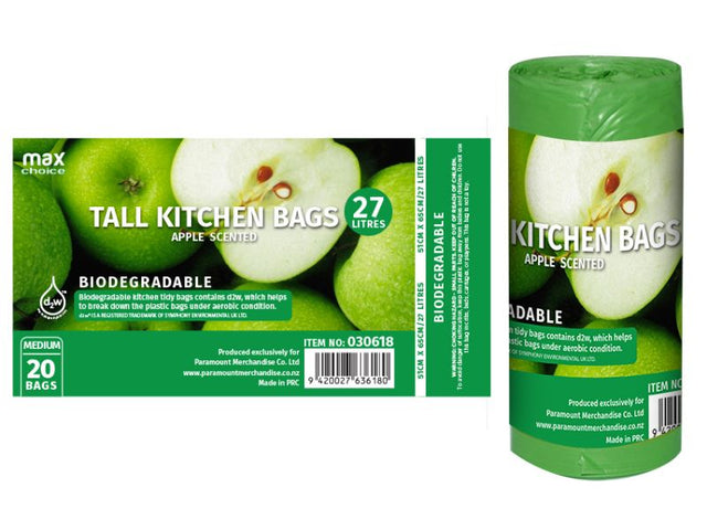 Biodegradable 27L kitchen tidy bags, 480 count, apple scented, eco-friendly, strong, and designed to break down in 12 months.