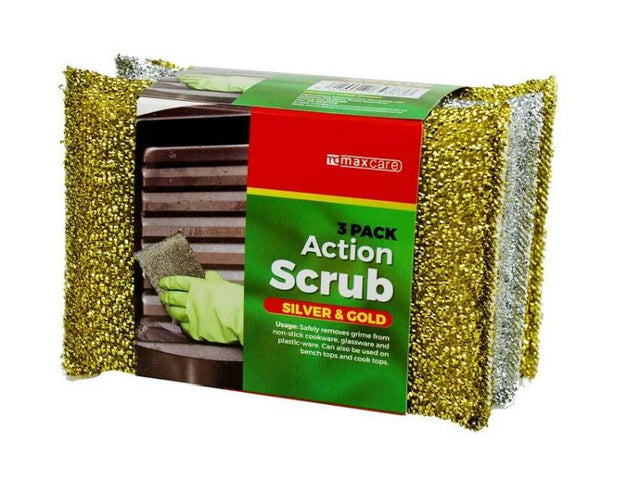 Action Scrub Maxcare Gold n Silver, 130mm dimensions, 24 packs containing 72 pieces total for effective cleaning.