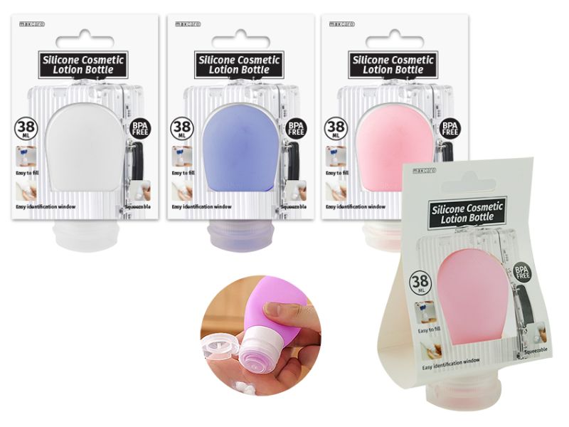 Assorted silicone lotion bottles (38ml) with suction cups for travel; perfect for shampoo, conditioner, and lotion.