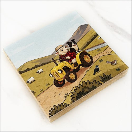 Plywood Art Block: Printed Sheep + Tractor Squares
