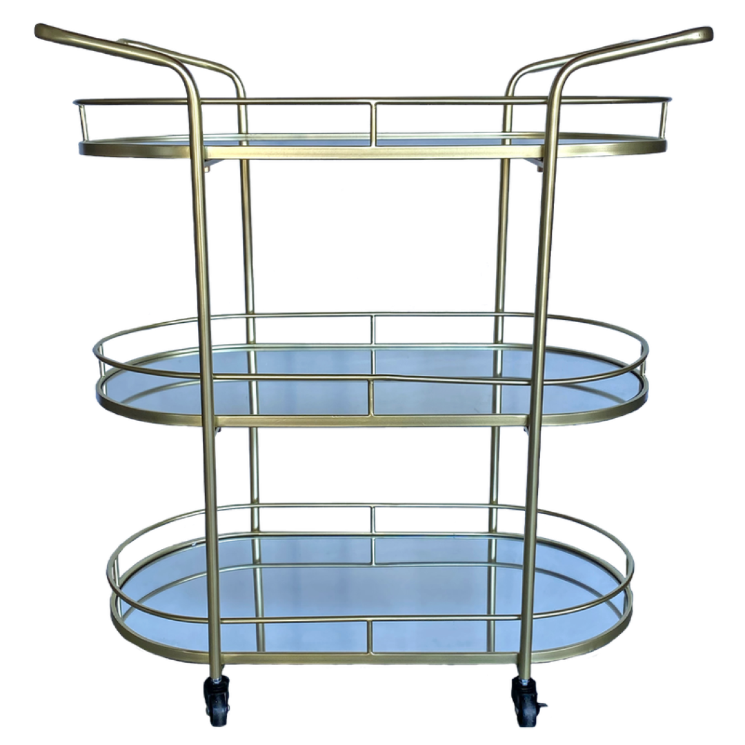 Elegant gold mirrored bar trolley with 3 tiers, handles, and castors for effortless mobility, perfect for hosting gatherings.