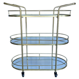 Elegant gold mirrored bar trolley with 3 tiers, handles, and castors for effortless mobility, perfect for hosting gatherings.