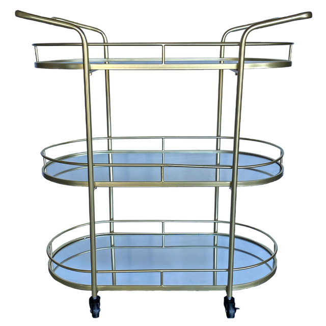 Elegant gold mirrored bar trolley with 3 tiers, handles, and castors for effortless mobility, perfect for hosting gatherings.