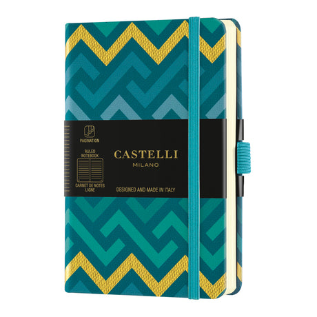 Elegant Castelli notebook with textured geometric design, ruled ivory pages, gold ribbon marker, and sturdy closure for organized notes.