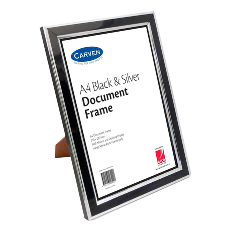 Carven Black/Silver A4 document frame showcasing certificates and photos with glass overlay and sturdy MDF backing.