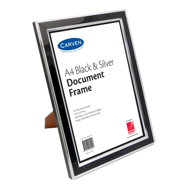 Carven Black/Silver A4 document frame showcasing certificates and photos with glass overlay and sturdy MDF backing.