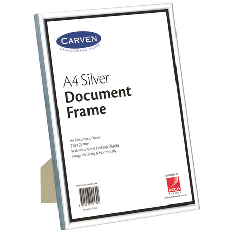 Stylish Carven A4 silver document frame with glass overlay, perfect for certificates and photos.