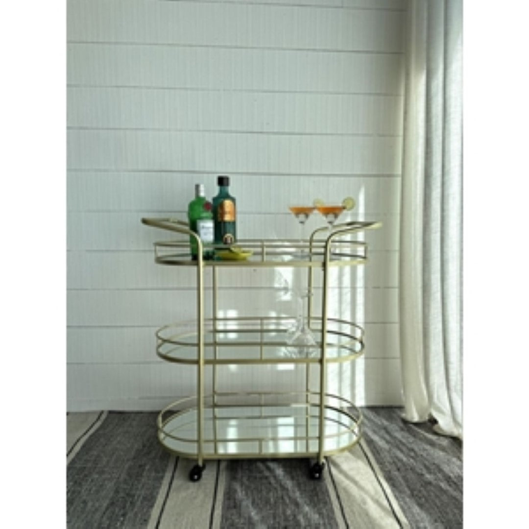 Elegant gold mirrored bar trolley with 3 tiers and smooth-rolling castors, perfect for entertaining and stylish storage.