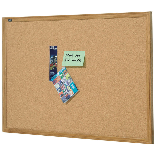 Elegant Quartet Oak Frame Corkboard 900x600mm, perfect for organizing notes and photos with a durable, self-healing cork surface.