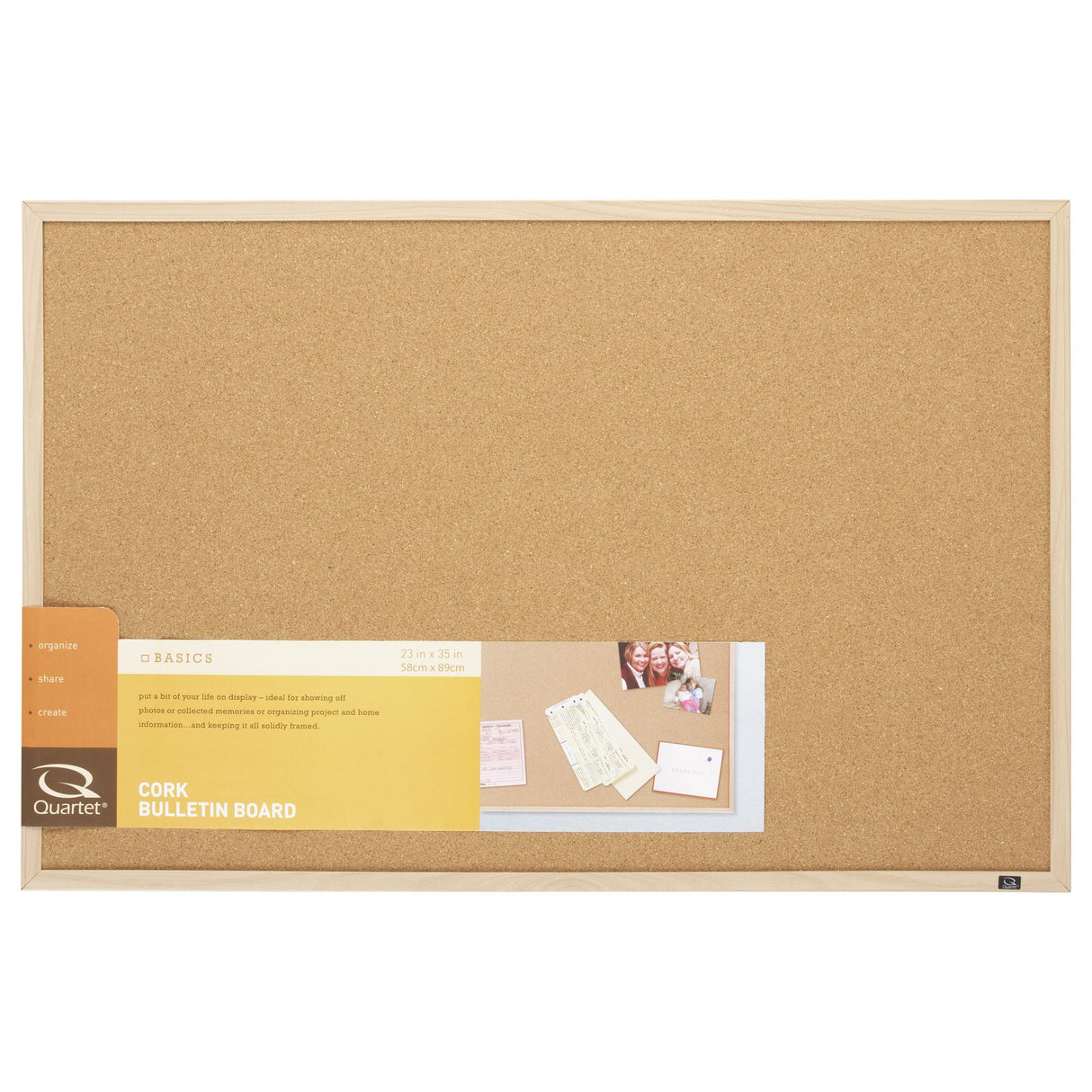 Elegant Quartet corkboard (580x890mm) with oak finish, ideal for showcasing photos and documents in any space.