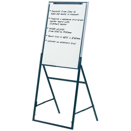 Adjustable black frame easel with a smooth whiteboard, flips to table-top, perfect for presentations and collaboration.