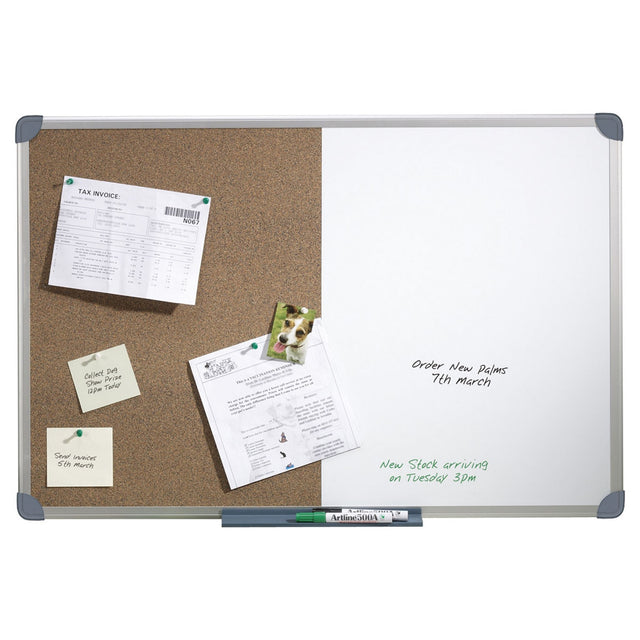 Aluminium framed cork and melamine board, 900x600mm, perfect for notes and reminders in modern workspaces.