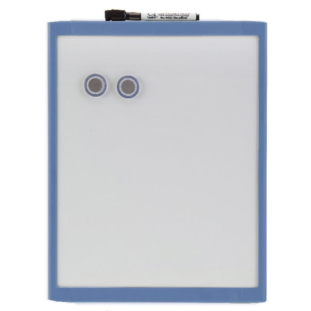 Vibrant blue 280x360mm whiteboard, perfect for notes, to-do lists, and creativity, includes marker, eraser, magnets, and mounting pads.