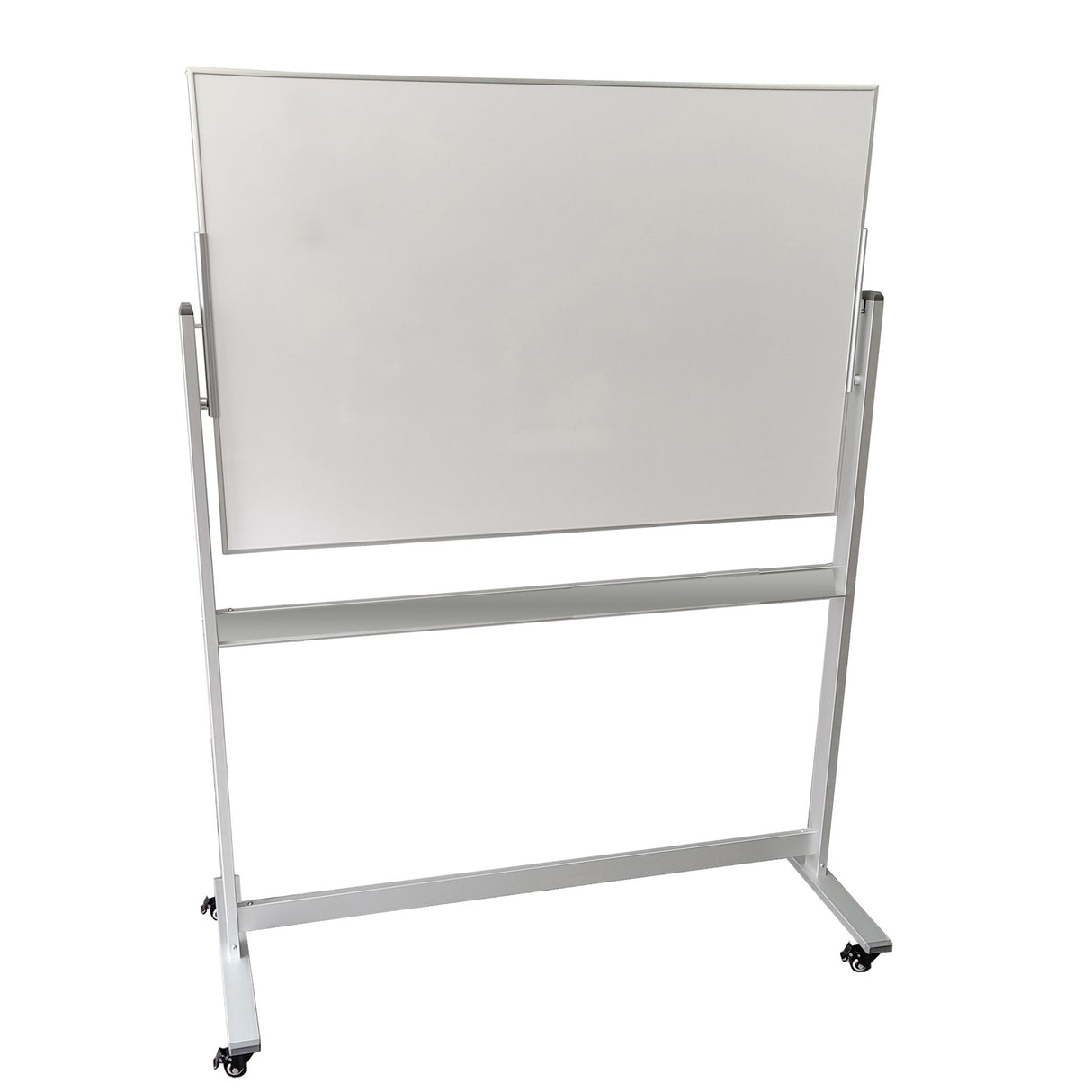 Double-sided mobile whiteboard with 360-degree pivot, durable stand, and stain-resistant porcelain surface for heavy use.