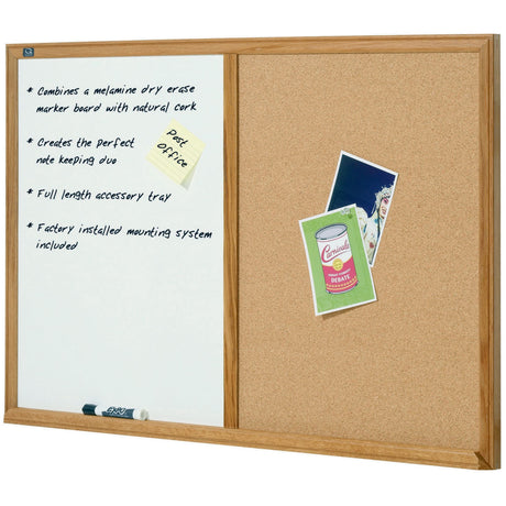 Quartet 1200x900mm Cork/Melamine Combo Board with smooth whiteboard, cork surface, oak frame, and accessory tray for organization.