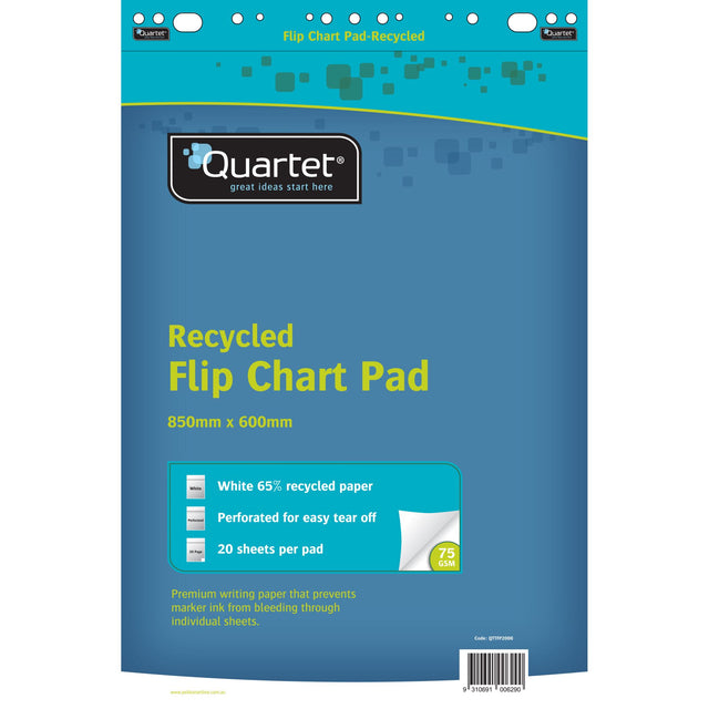 Quartet Recycled Flipchart Pad with 20 perforated sheets, made from 65% recycled paper, ideal for presentations.