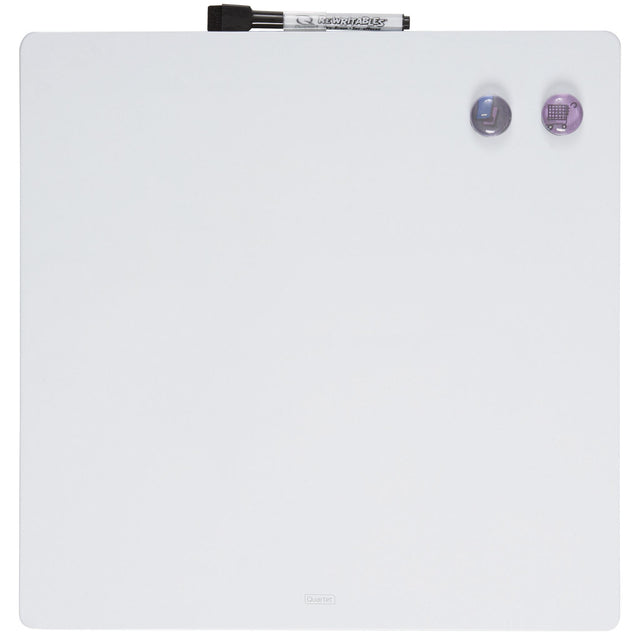 Frameless 290x290mm white dry erase board for creative organization, includes marker, magnets, and mounting pads.