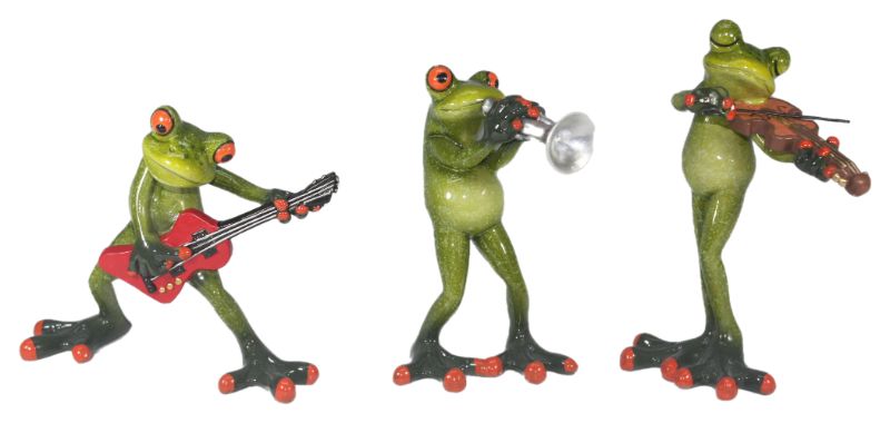 Colorful polyresin frog musicians in a set of three, perfect for whimsical home decor.