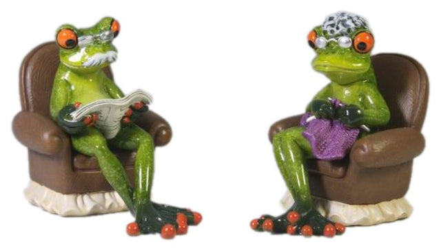 Colorful pair of funky frog ornaments made of polyresin, perfect for home decor.