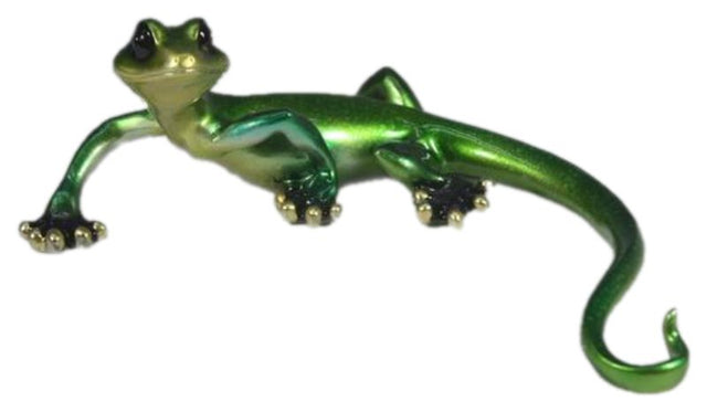 Bright green polyresin ornament shaped like a funky lizard, measuring 22cm wide.