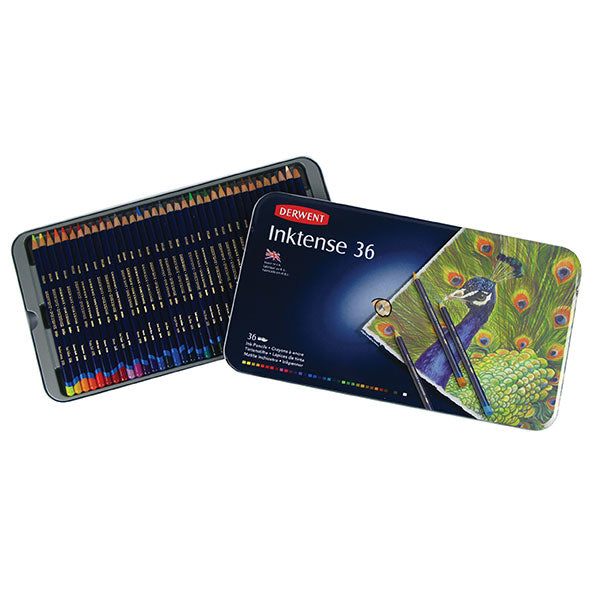 Derwent Inktense Tin of 36 features vibrant watercolour pencils for expressive art and permanent ink effects when wet.