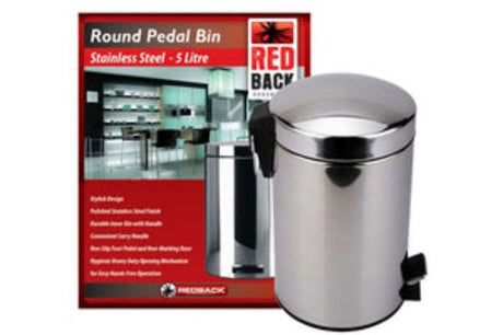 Stainless steel 5L pedal bin in red, featuring hands-free operation and removable inner bucket for easy waste disposal.