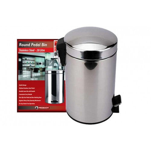 Elegant 20-litre stainless steel pedal bin with hands-free operation, flip top lid, and easy-to-clean removable inner bucket.