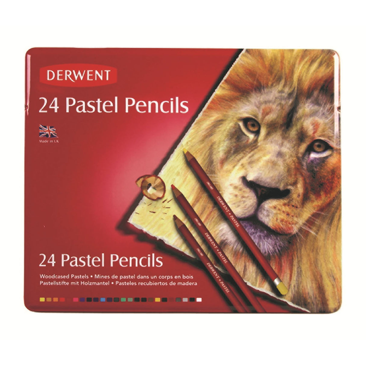 Derwent Pastel Pencils Tin 24 showcasing 24 high-quality pastel pencils with a soft texture, ergonomic design, and rich colors.