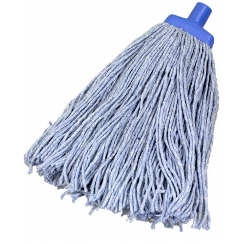 Commercial blue cotton mop head (400g) designed for efficient cleaning, featuring durable fibers and heat cut finish for longevity.