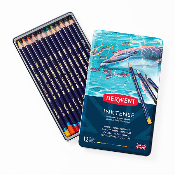 Tin of 12 Derwent Inktense watercolour pencils, offering vibrant, permanent colours that transform into ink with water.