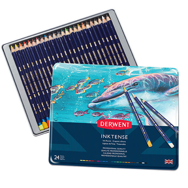 Derwent Inktense Tin of 24 features vibrant watercolour pencils for stunning dry and wet artistic effects.