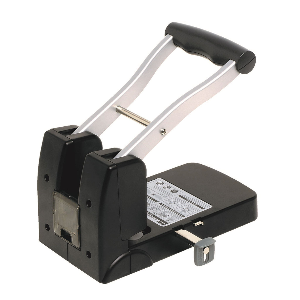 Rexel Polaris 2-Hole Punch efficiently handles up to 100 sheets, featuring a rubber handle and self-centering guide for comfort and precision.